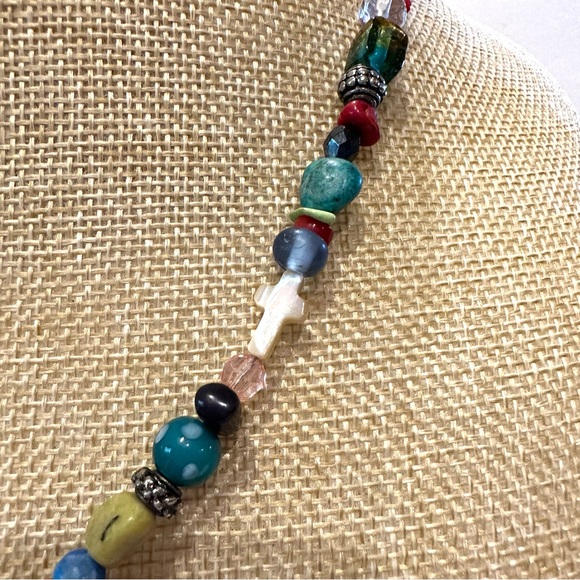 Multi-color Genuine Gemstone & Glass Bead Necklace w/ sterling silver cross .925 - Picture 5 of 10